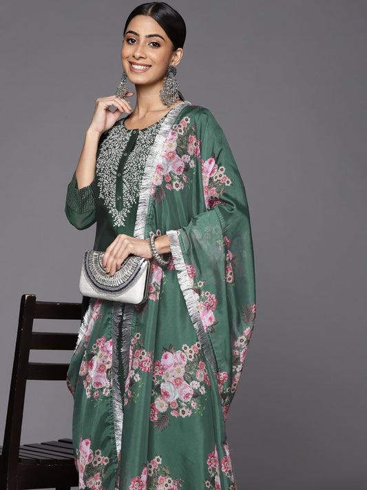 Dhiyona VA Women's Green Floral Yoke Design Chanderi Silk Kurta with Trousers & With Dupatta