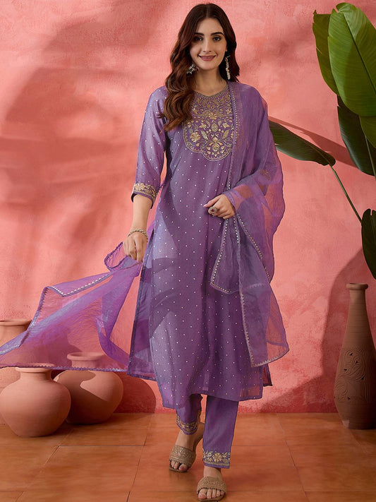 Dhiyona SN Women's Floral Embroidered Straight Kurta With Trousers & Dupatta
