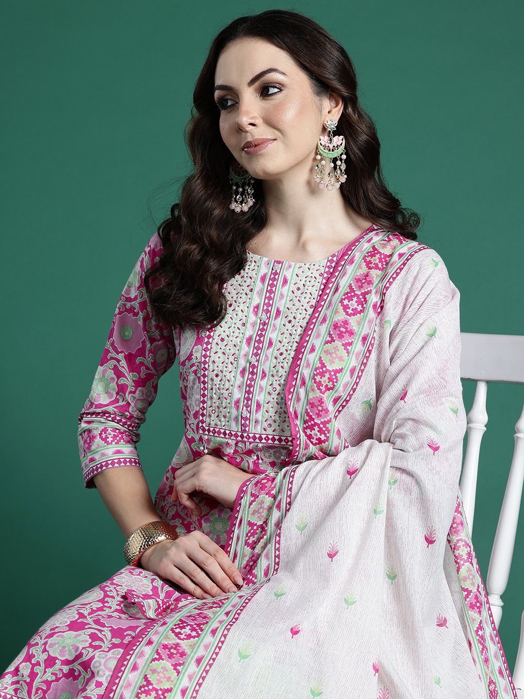 Dhiyona IE Floral Printed Pure Cotton Kurta with Trousers & Dupatta