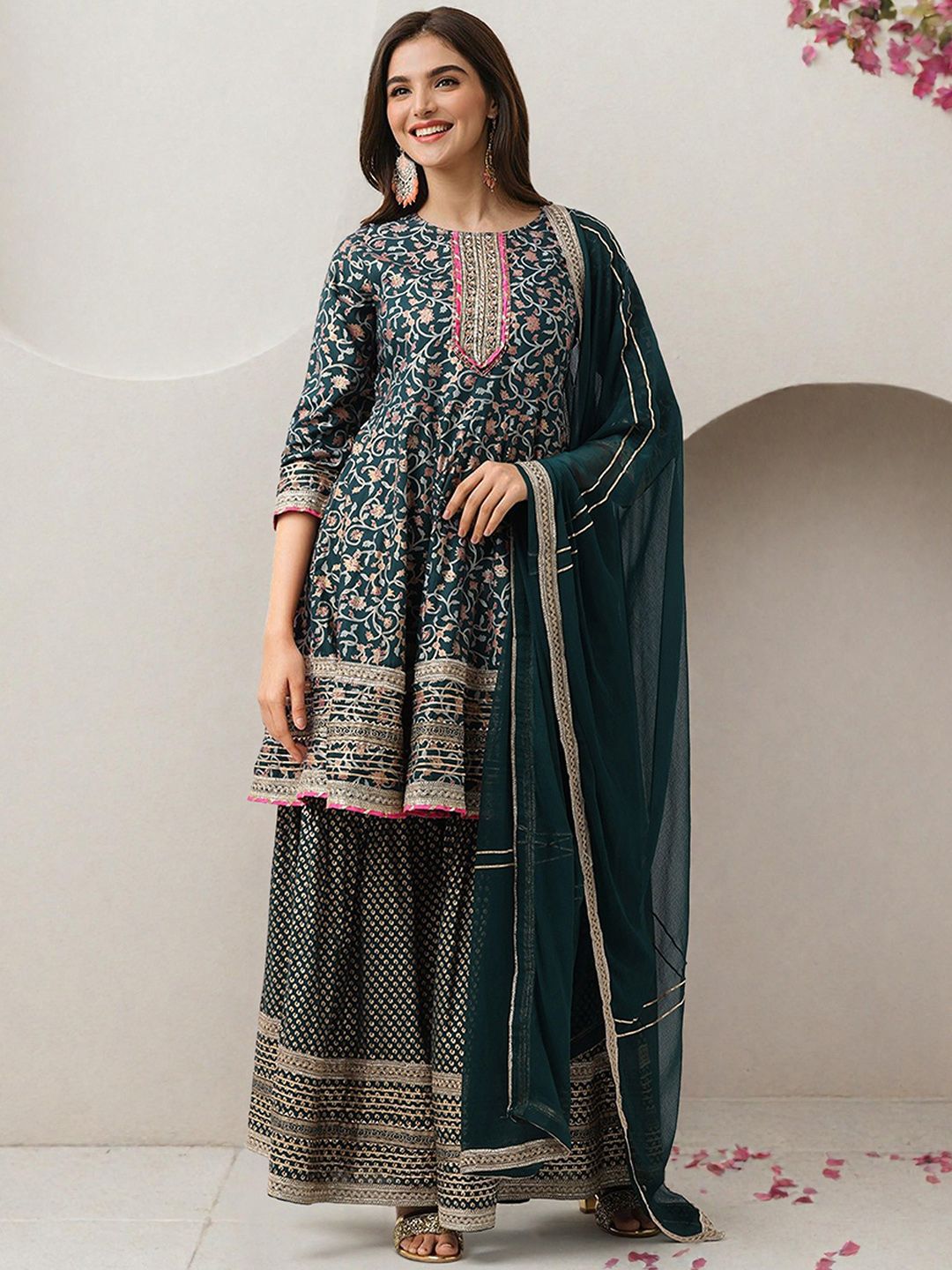 Dhiyona IS Women's Floral Printed Gotta Patti Pure Cotton Anarkali Kurta With Sharara & Dupatta