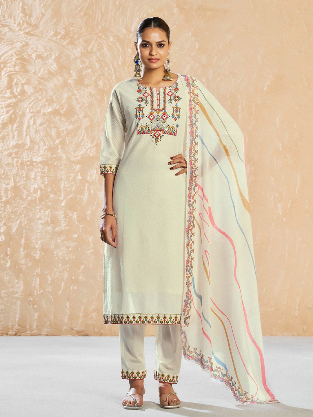 Dhiyona CH Women Floral Embroidered Mirror Work Pure Cotton Kurta with Trousers & Dupatta