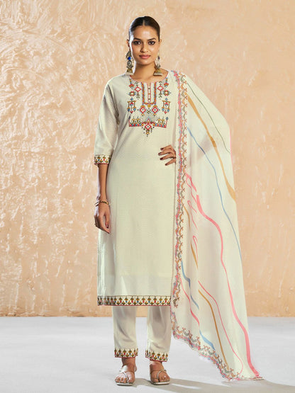 Dhiyona CH Women Floral Embroidered Mirror Work Pure Cotton Kurta with Trousers & Dupatta