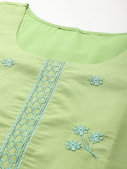 Floral Embroidered Thread Work Kurta With Trousers & Dupatta