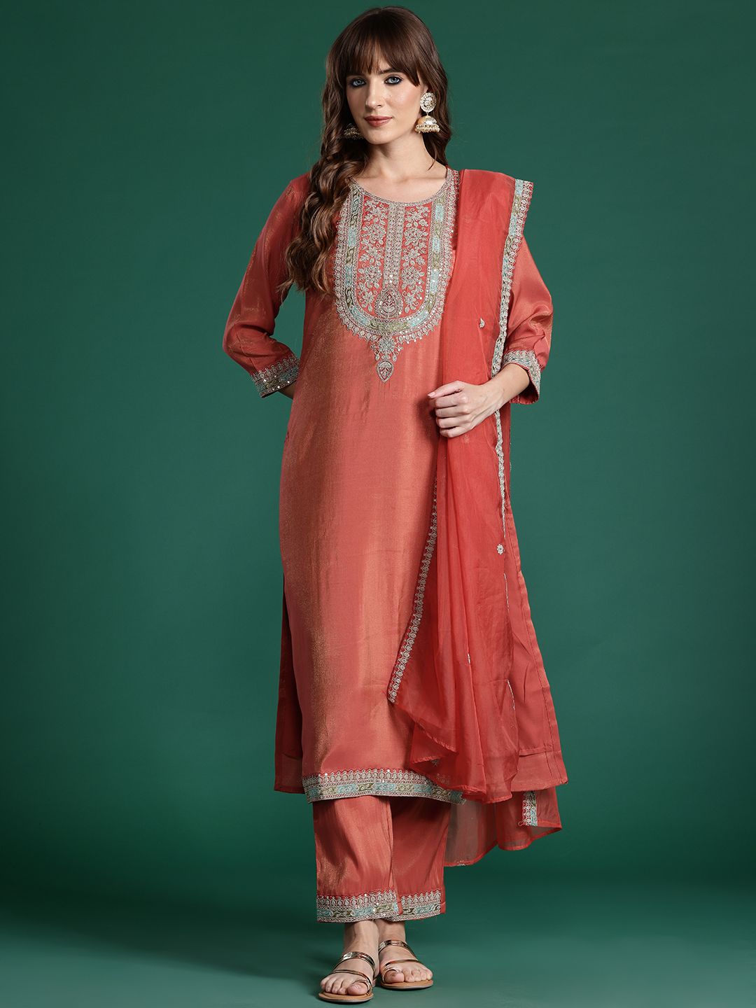 Ethnic Motifs Embroidered Sequinned Kurta with Trousers & With Dupatta