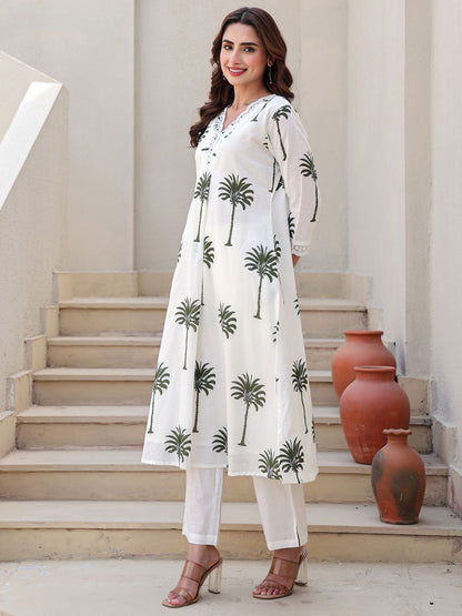 Floral Printed V-Neck Pure Cotton Kurta With Trousers