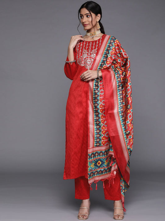 Dhiyona VA Women's Red Kurta with Trousers & With Dupatta
