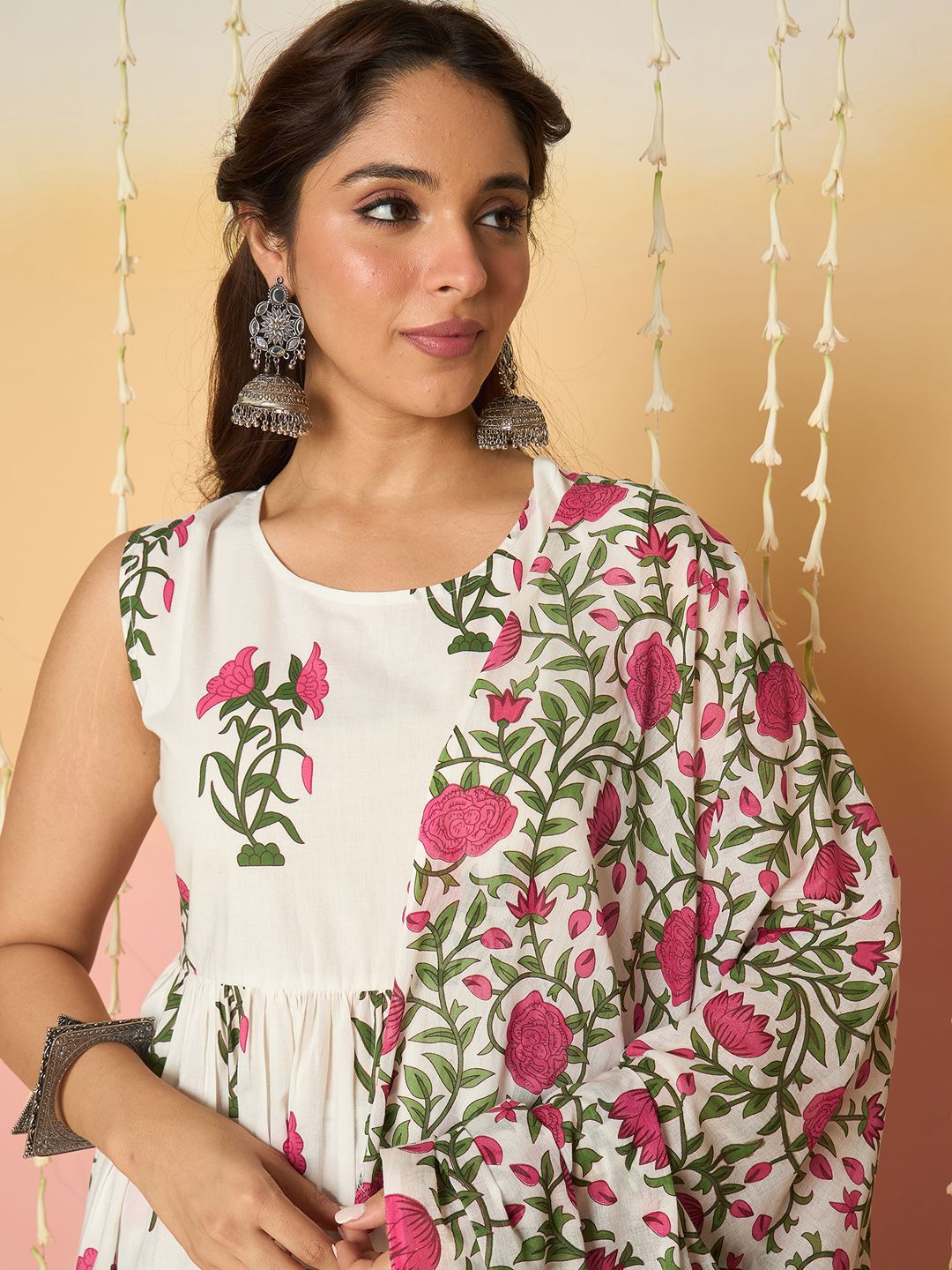 Dhiyona IE Floral Printed Anarkali Pure Cotton Kurta With Palazzos & Dupatta