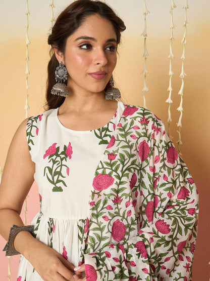 Floral Printed Anarkali Pure Cotton Kurta With Palazzos & Dupatta