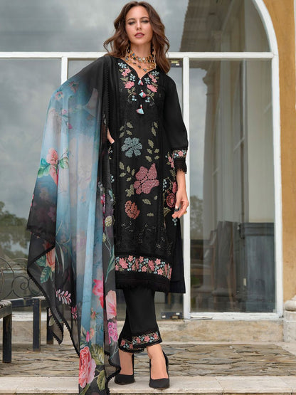 Women Floral Embroidered Regular Thread Work Pure Silk Kurta with Trousers & With Dupatta