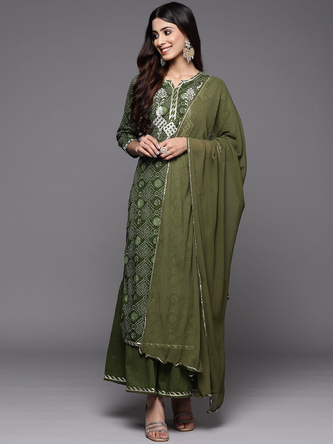 Dhiyona IE Women Green Bandhani Printed Thread Work Kurta with Sharara & With Dupatta