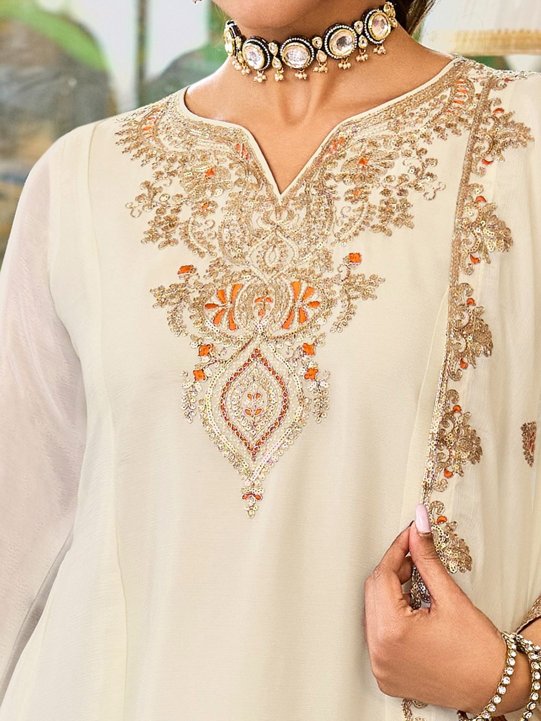 Ethnic Motifs Embroidered Sequinned Straight Kurta With Palazzos & Dupatta