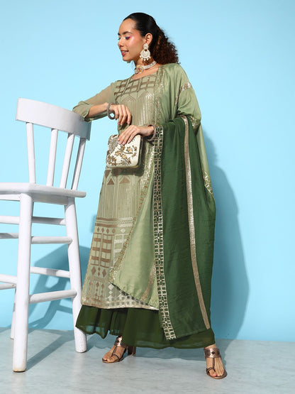 Dhiyona VA Women's Green Embroidered Sequinned Kurta With Sharara & Dupatta