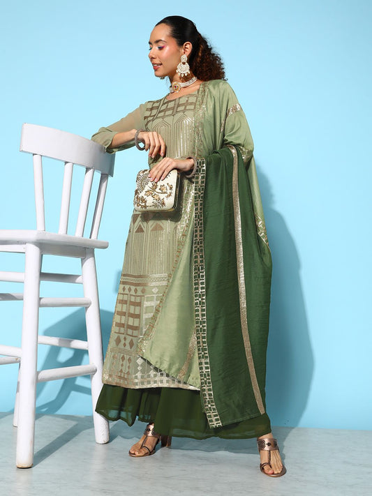 Dhiyona VA Women's Green Embroidered Sequinned Kurta With Sharara & Dupatta