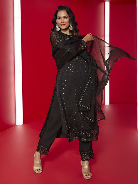 Dhiyona SO Women's Ethnic Motifs Embroidered Sequinned Kurta With Trousers & Dupatta