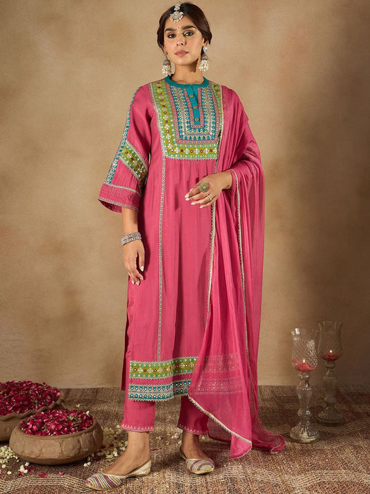Dhiyona IE Women Ethnic Motifs Embroidered Regular Kurta with Trousers & Dupatta