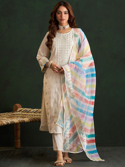 Women Ethnic Motifs Embroidered Regular Pure Cotton Kurta with Trousers & With Dupatta