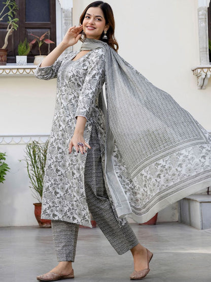 Dhiyona IE Floral Printed Square Neck Pure Cotton Straight Kurta With Trousers & Dupatta