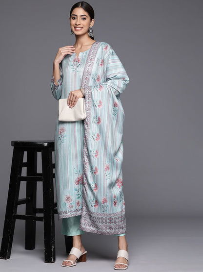 Dhiyona VA Women'sBlue Floral Printed & Striped Round Neck Straight Kurta with Trousers & Dupatta