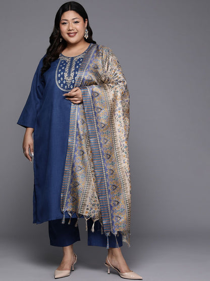 Dhiyona VA Women'sPlus Size Embroidered Thread Work Kurta with Trousers & Dupatta