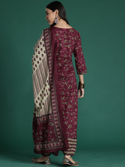 Dhiyona IE Women Floral Printed Regular Pure Cotton Kurta with Salwar & With Dupatta
