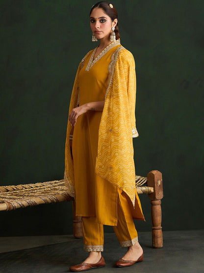 Dhiyona IE Women Ethnic Motifs Embroidered Regular Kurta with Trousers & With Dupatta