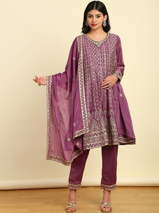 Dhiyona SO Women's Women Floral Embroidered Angrakha Sequinned Kurta with Trousers & With Dupatta