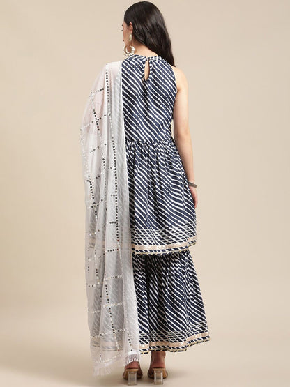 Dhiyona VA Women's Navy Blue Striped Empire Sequinned Kurta with Sharara & With Dupatta