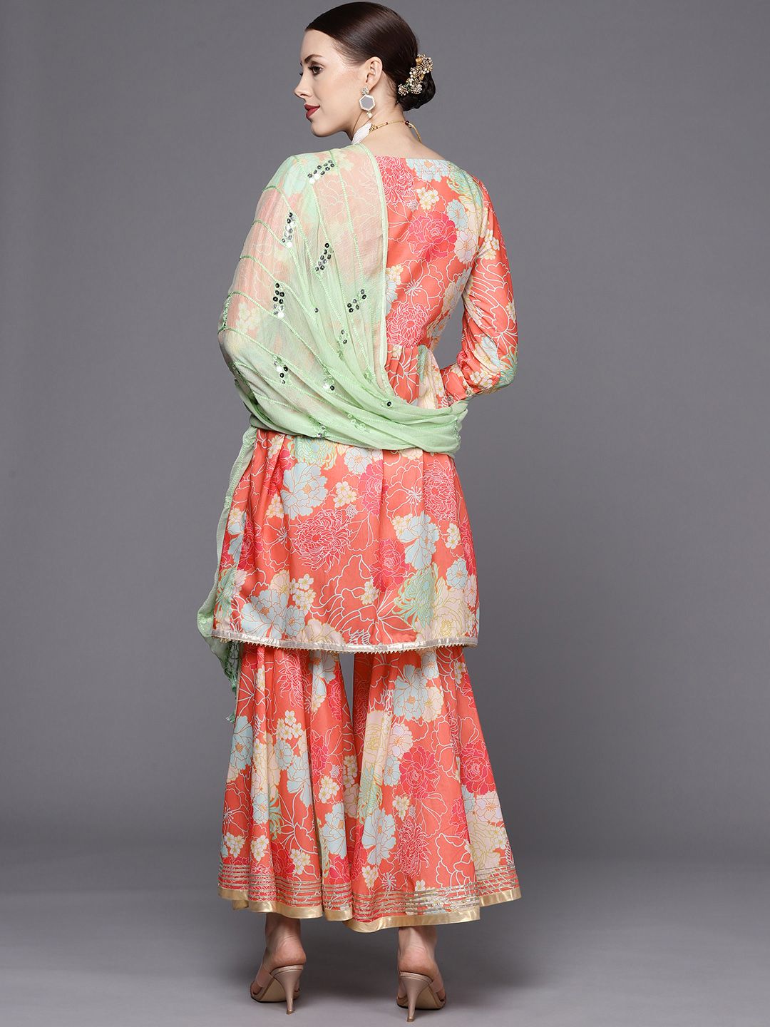 Dhiyona VA Women's Coral Floral Printed Empire Mirror Work Kurta with Sharara & With Dupatta