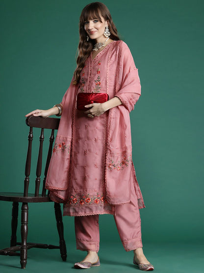 Floral Embroidered Thread Work Kurta with Trousers & With Dupatta