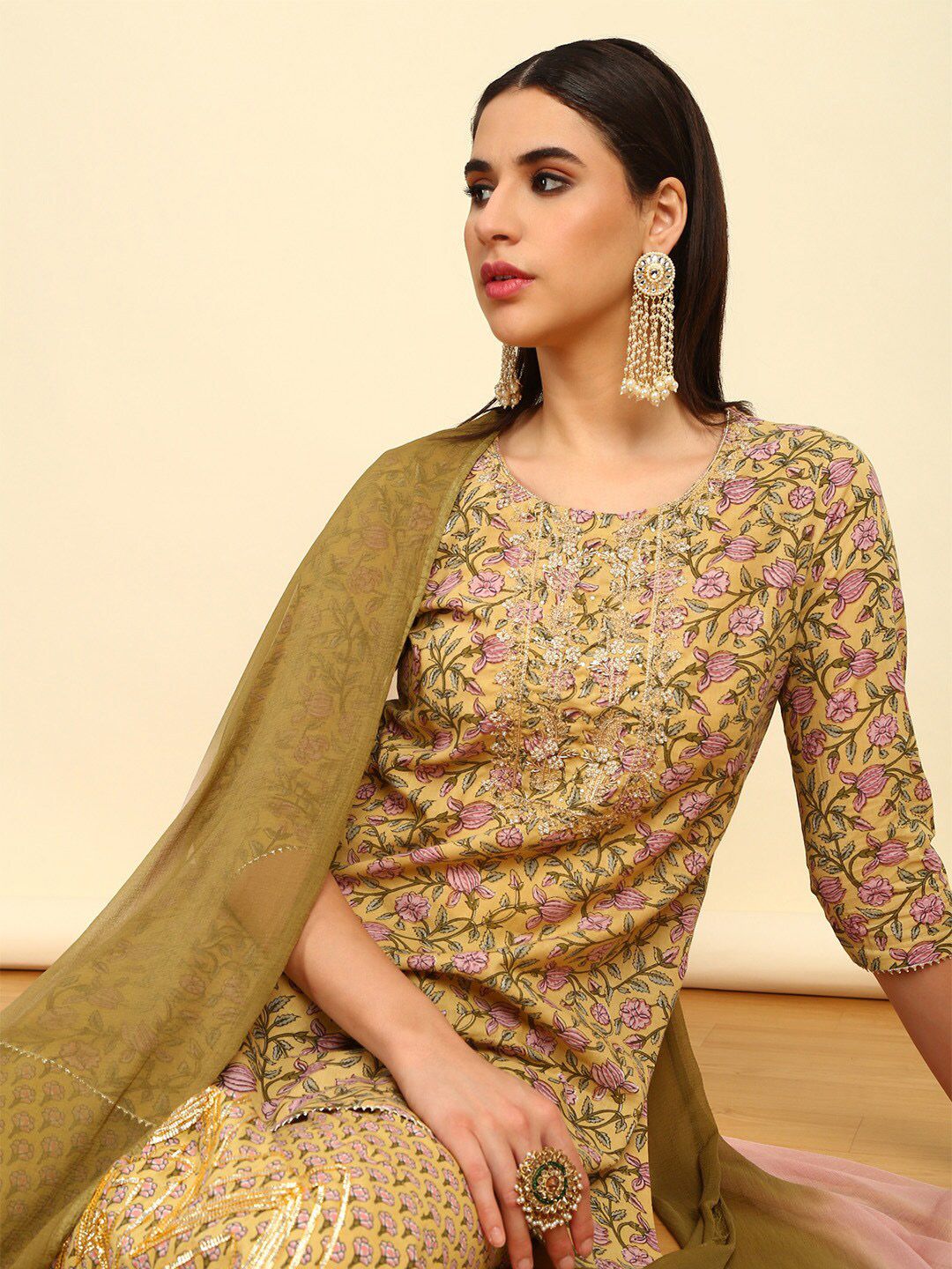 Dhiyona SO Women's Floral Printed Regular Zardozi Pure Cotton Kurti with Sharara & Dupatta