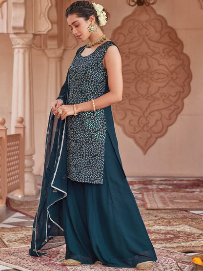 Dhiyona WP Women Embroidered Regular Sequinned Kurta with Sharara & With Dupatta
