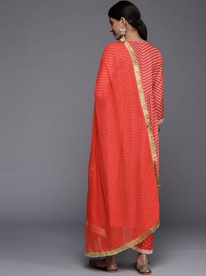 Dhiyona VA Women's Red Leheriya Embroidered Empire Kurta with Trousers & With Dupatta