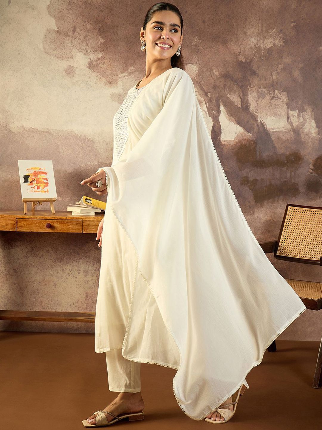 Embroidered Mirror Work Pure Cotton Straight Kurta With Trousers & Dupatta