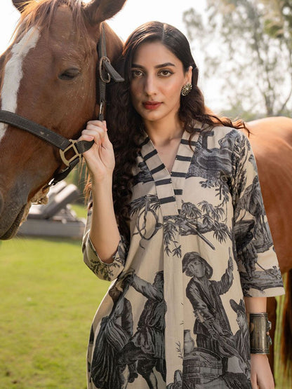 Tribal Printed V-Neck Linen Straight Kurta With Trouser