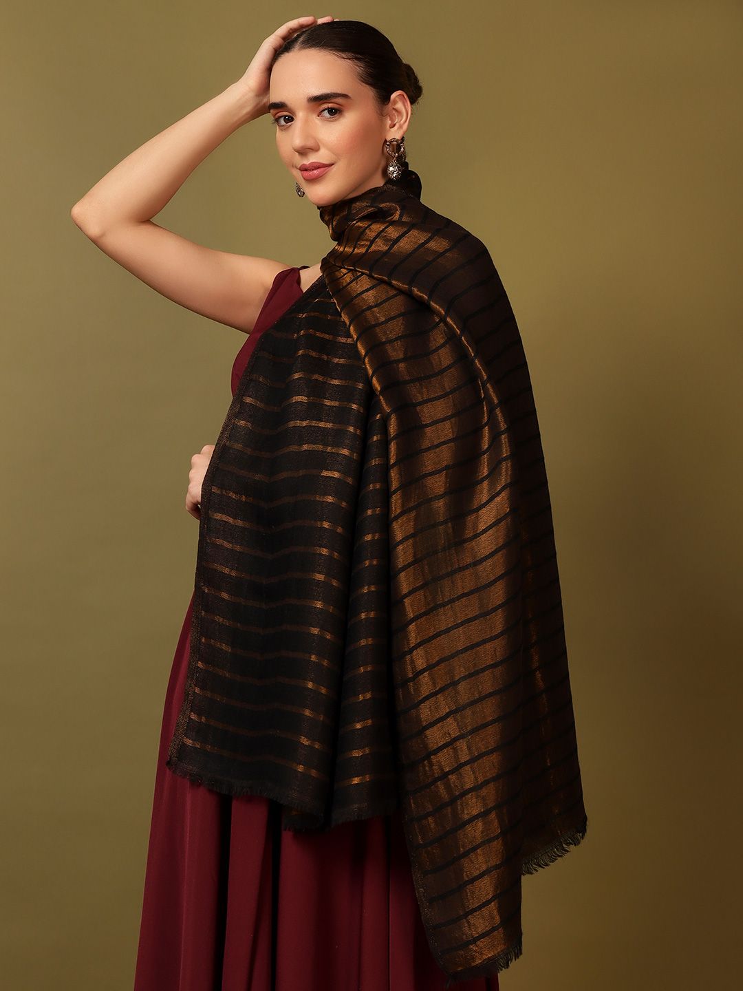 Dhiyona PA Striped Woven Design Woollen Reversible Shawl