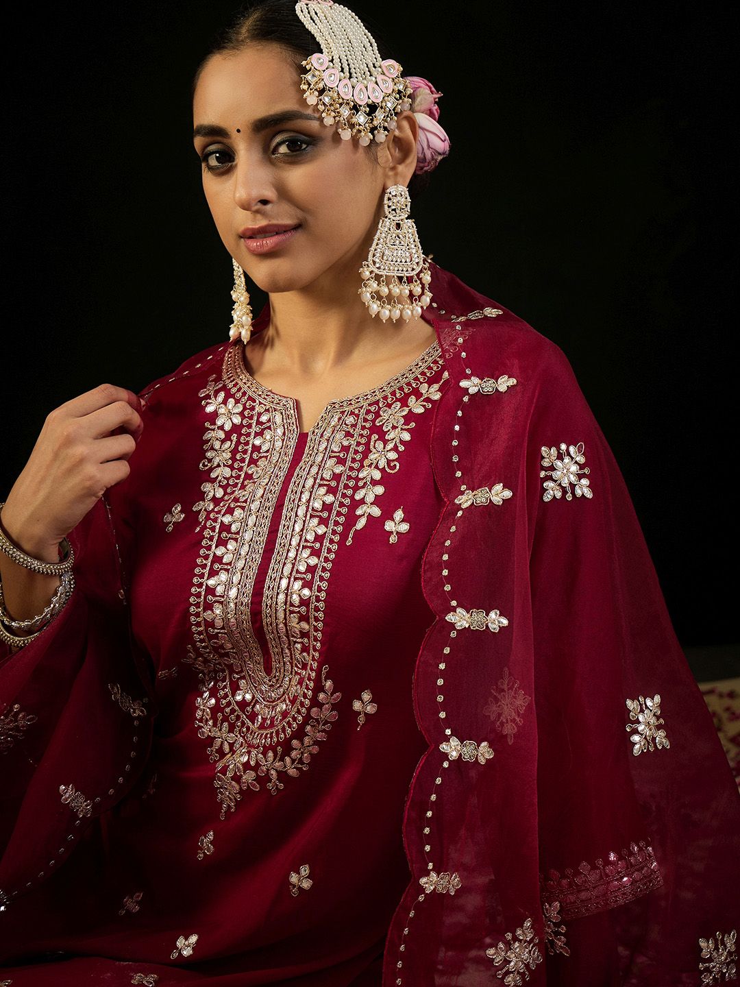 Dhiyona IE Ethnic Motifs Embroidered Regular Gotta Patti Kurta with Trousers & Dupatta