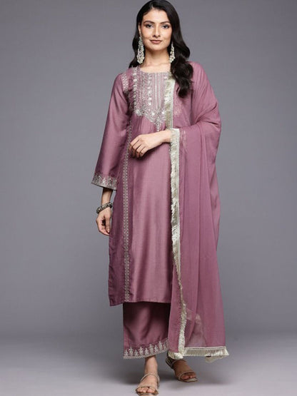 Dhiyona VA Women'sFloral Yoke Design Flared Sleeve Thread Work Straight Kurta With Trouser & Dupatta