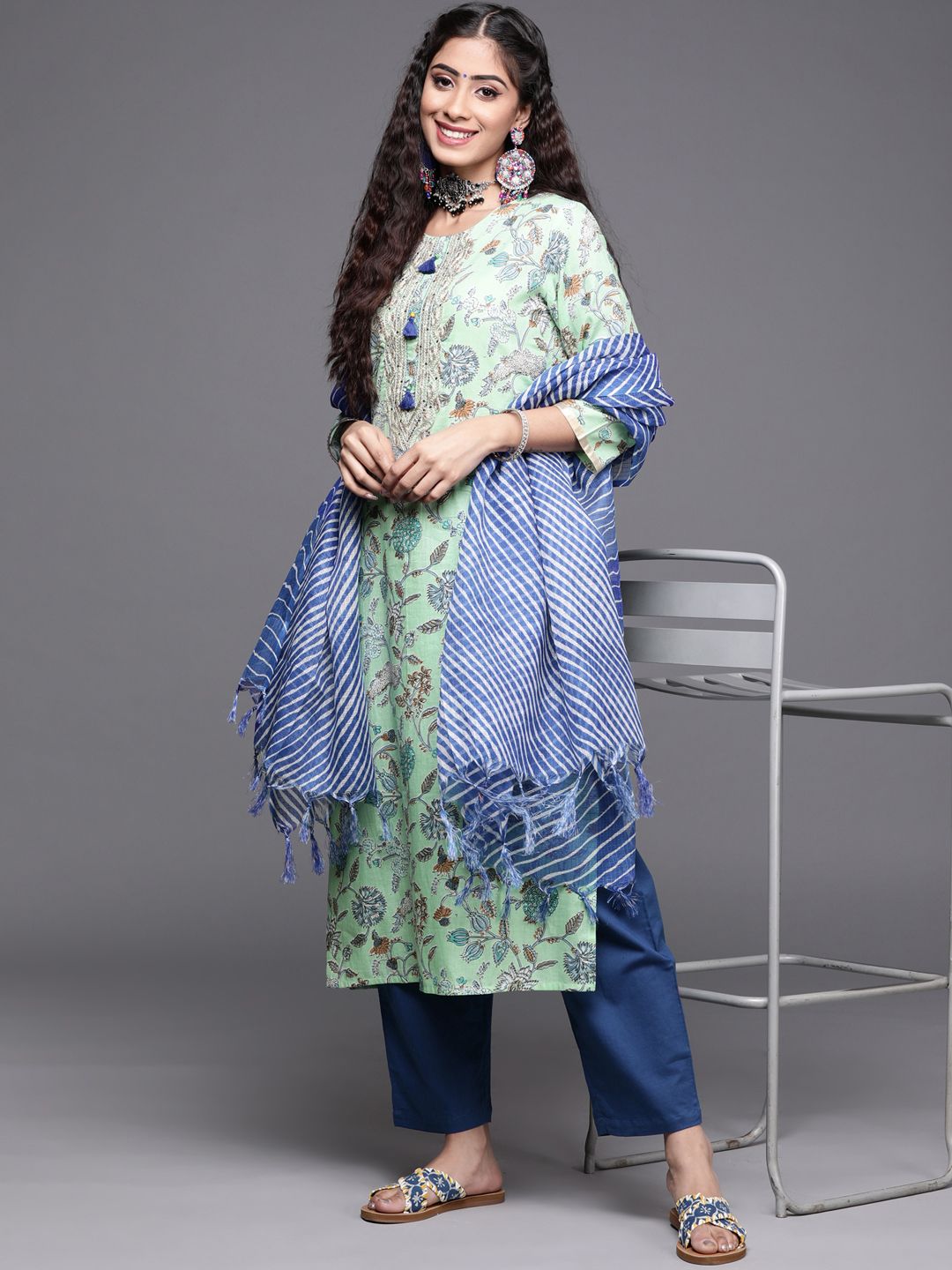 Dhiyona VA Women's Blue Pure Cotton Floral Printed Sequinned Kurta with Trousers & With Dupatta
