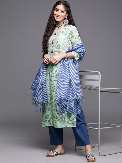 Dhiyona VA Women's Blue Pure Cotton Floral Printed Sequinned Kurta with Trousers & With Dupatta