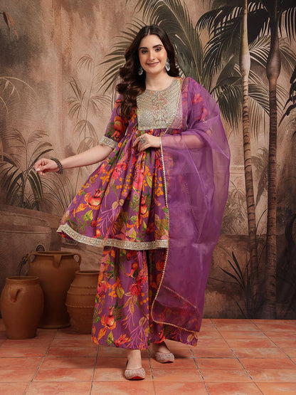 Dhiyona SN Women's Floral Print Gotta Patti Kurta with Sharara & Dupatta