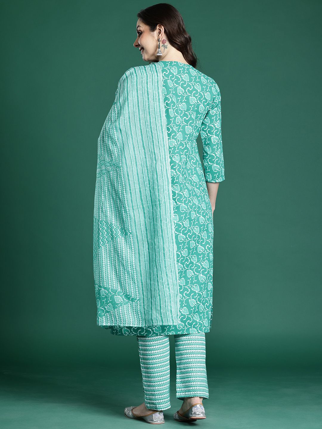 Floral Printed Pure Cotton Kurta with Trousers & Dupatta