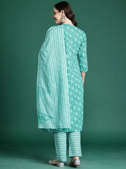 Floral Printed Pure Cotton Kurta with Trousers & Dupatta