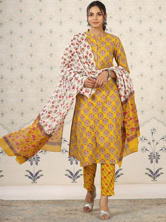 Dhiyona OD  Mandarin Collar Floral Printed Regular Pure Cotton Kurta Set