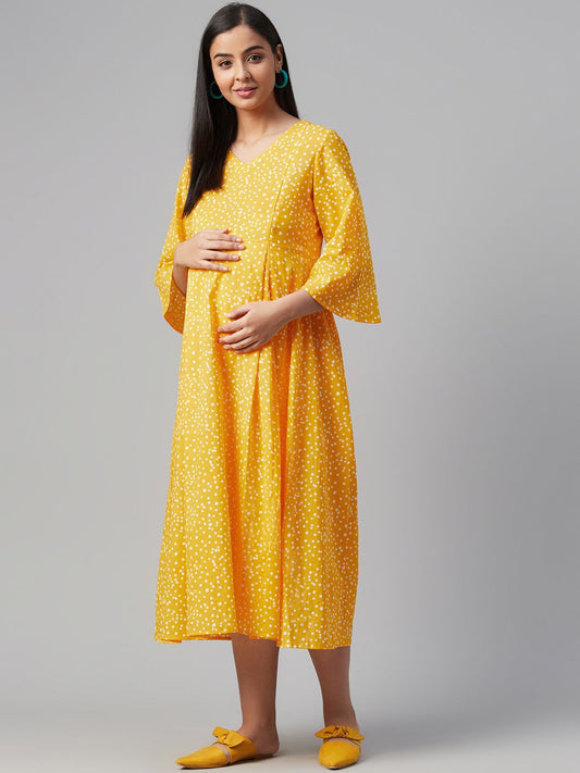 Dhiyona AY Women's Yellow & White Polka Dots Printed A-Line Maternity Dress