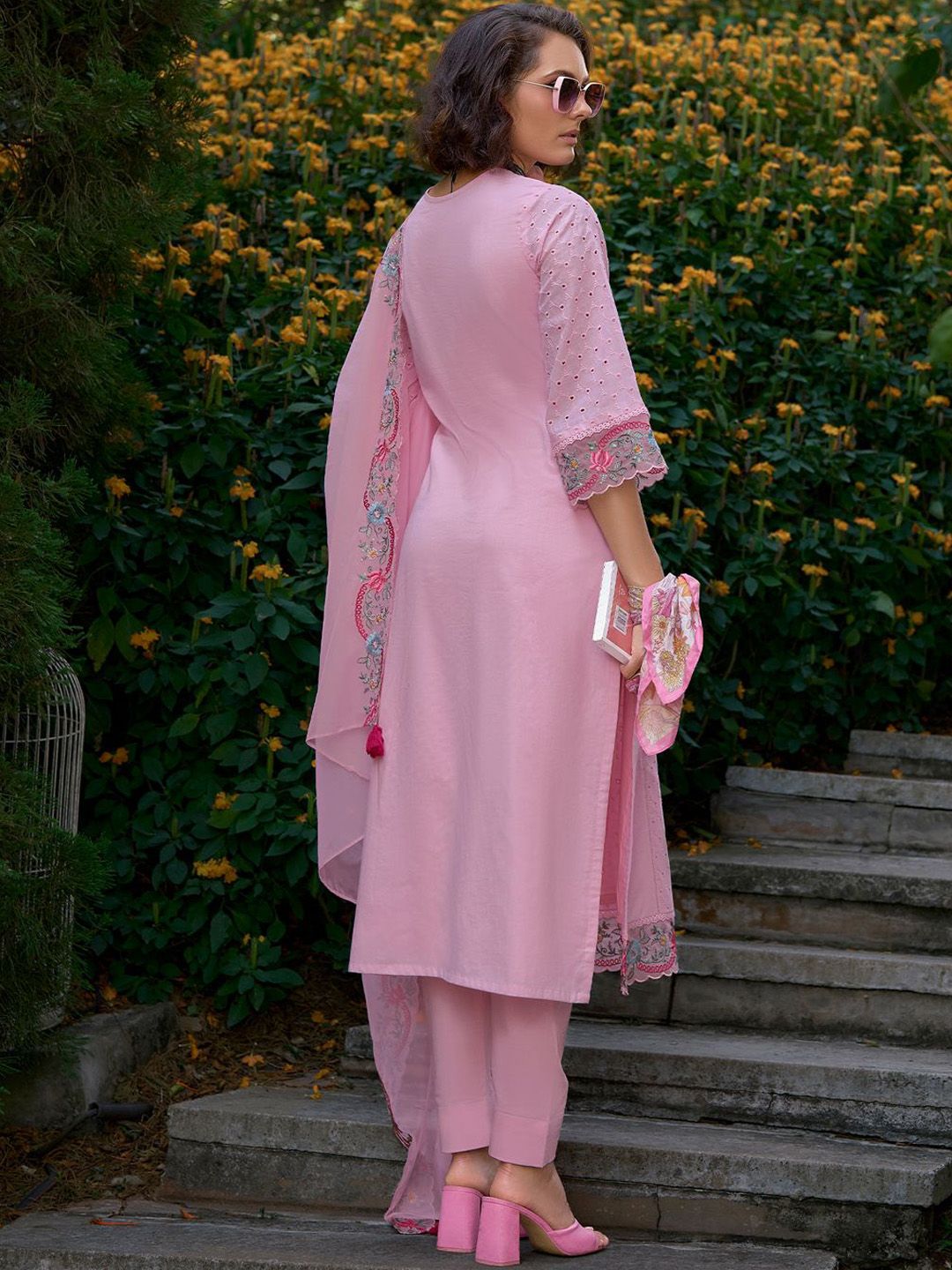 Women Floral Embroidered Regular Pure Cotton Kurta with Trousers & Dupatta