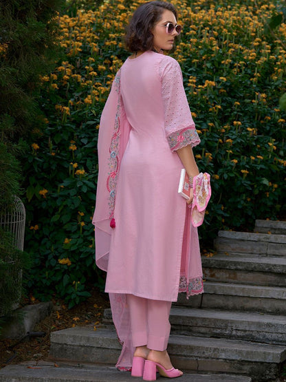 Women Floral Embroidered Regular Pure Cotton Kurta with Trousers & Dupatta