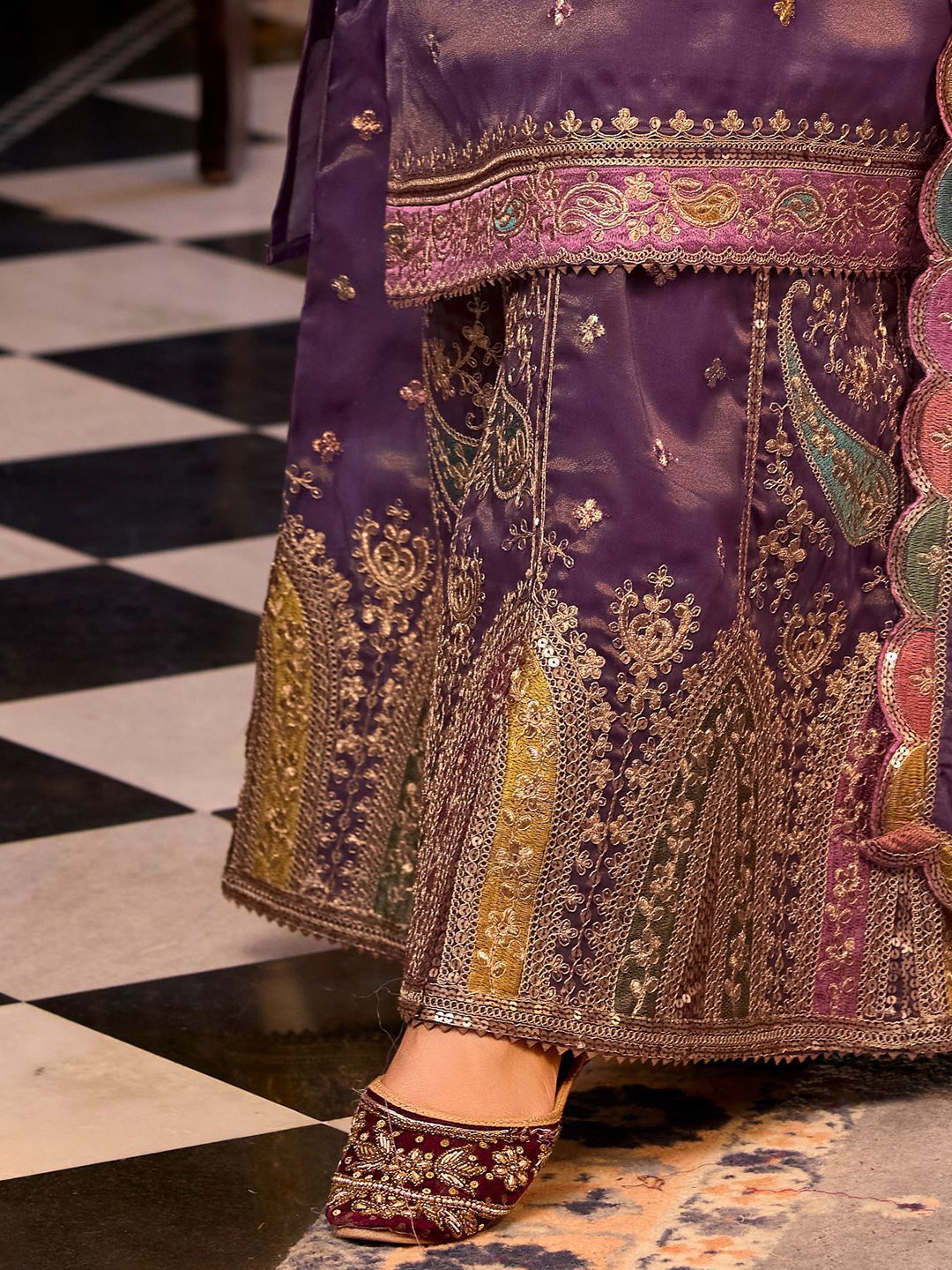 Floral Embroidered Sequinned Straight Kurta With Palazzos & Dupatta