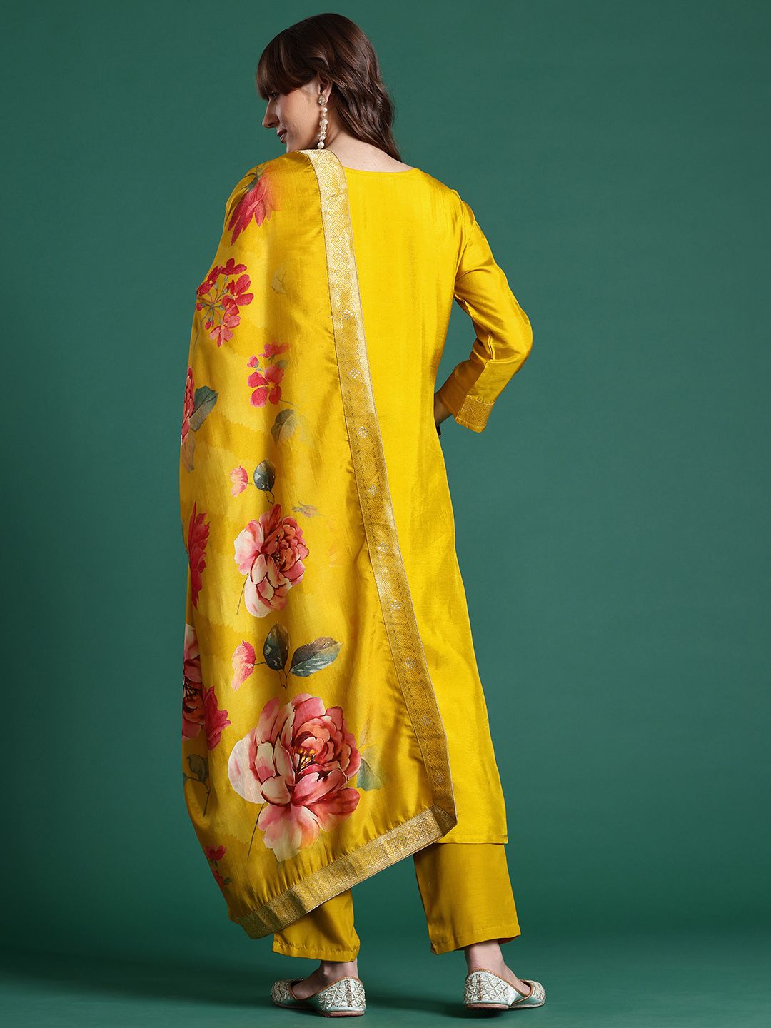 Ethnic Motifs Yoke Design Thread Work Kurta With Trousers & Dupatta