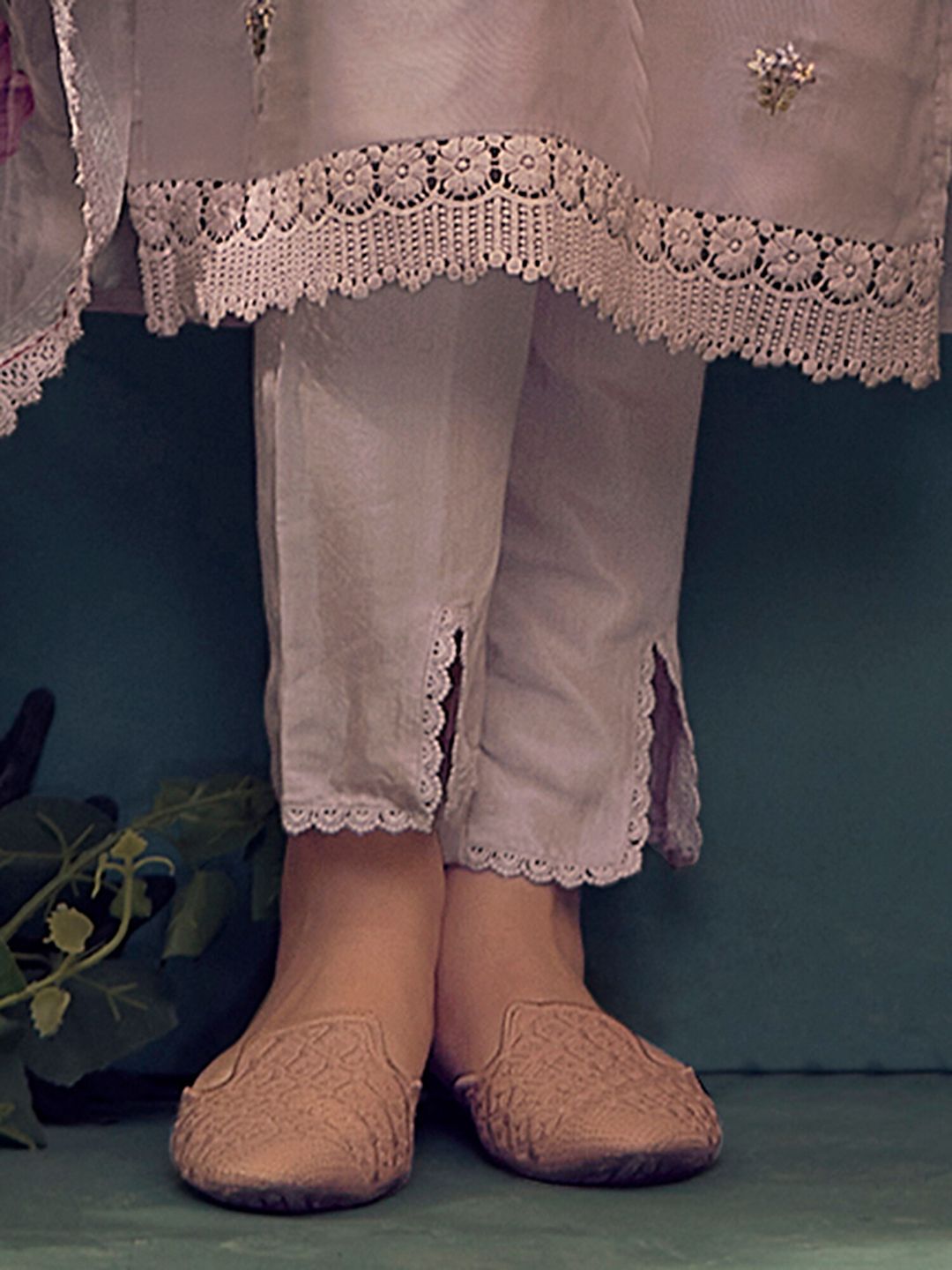 Floral Embroidered Thread Work Kurta With Trousers & Dupatta