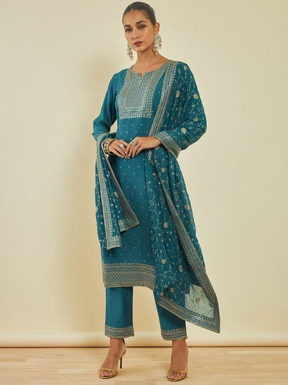 Dhiyona SO Women's Floral Embroidered Regular Sequinned Kurta With Trousers & With Dupatta